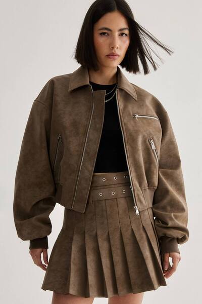  Nastygal Distressed Faux Leather Bomber Jacket Co-ord, Brown 