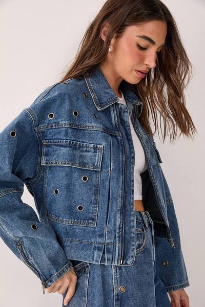  Nastygal Eyelet Utility Zip Through Denim Jacket, Authentic Midwash 