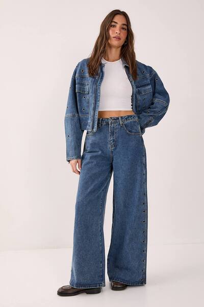  Nastygal Eyelet Wide Leg Jeans, Authentic Midwash 