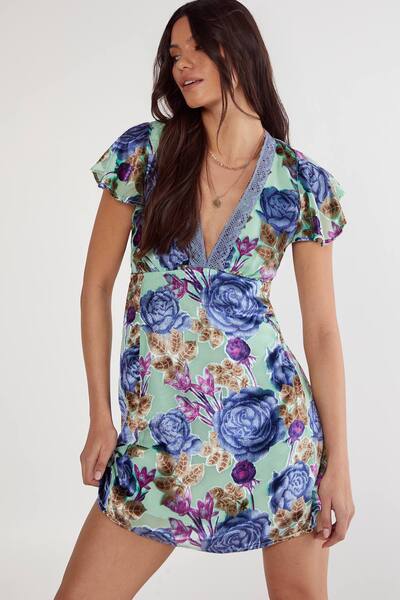  Nastygal Floral Devore Lace Trim Cut Out Back Mini Dress, Mint 
