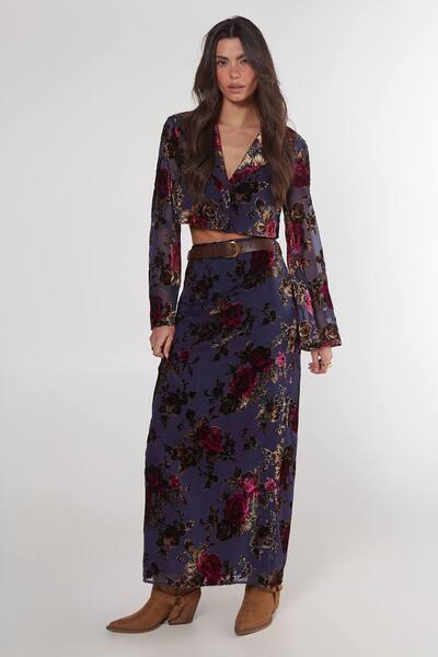  Nastygal Floral Devore Maxi Skirt, Blue 