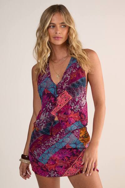  Nastygal Floral Patchwork Button Halter Neck Vest Co-ord 