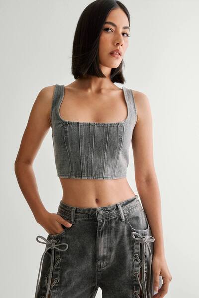  Nastygal Lace Back Detail Denim Corset Top, Mid Grey 