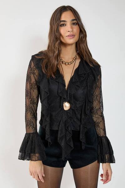  Nastygal Lace Ruffle Sheer Blouse, Black 