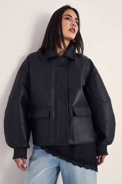  Nastygal Oversized Longline Faux Leather Bomber Jacket, Black 