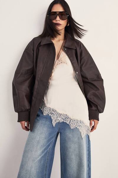  Nastygal Oversized Longline Faux Leather Bomber Jacket, Chocolate 