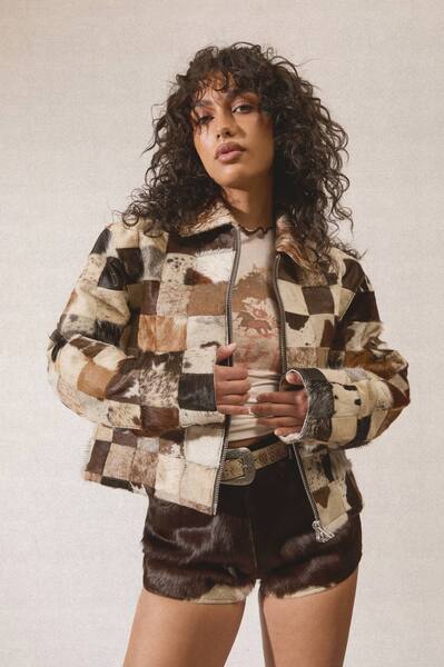  Nastygal Patchwork Cow Hide Real Leather Jacket, Animal 