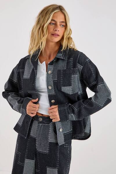  Nastygal Patchwork Denim Long Sleeve Oversized Shirt, Black 