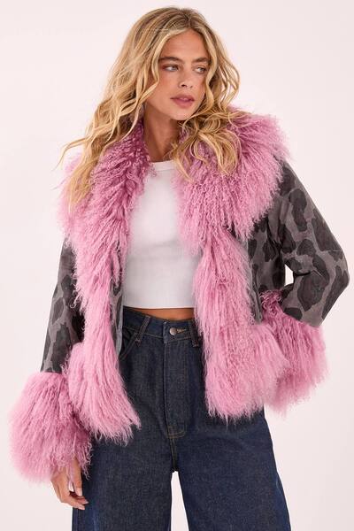  Nastygal Premium Shearling Leopard Real Suede Jacket, Charcoal 
