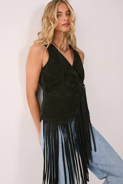  Nastygal Premium Suede Fringe Waistcoat, Black 