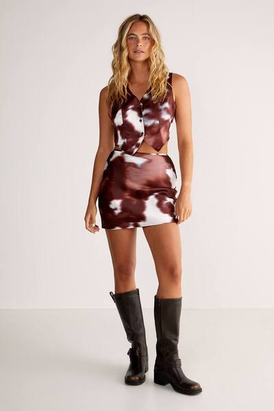  Nastygal Satin Cow Button Through Waistcoat, Chocolate 
