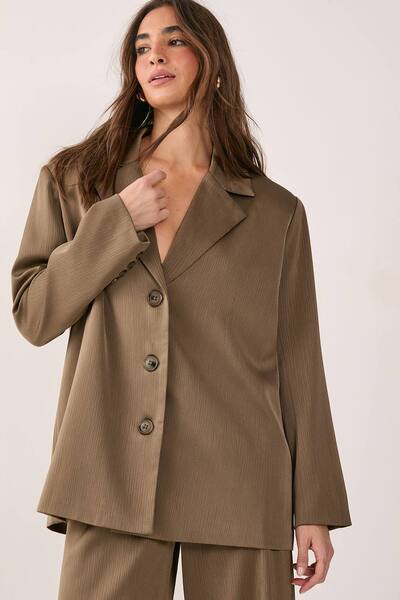  Nastygal Satin Pleated Oversized Blazer Co-ord, Olive 