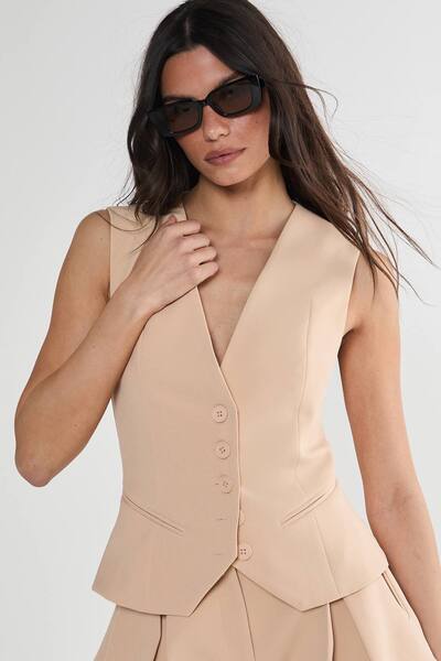  Nastygal Tailored Button Through Waistcoat Co-ord, Sand 