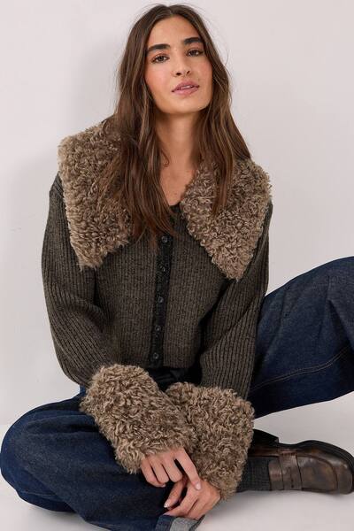  Nastygal Teddy Fur Collared Knitted Cardigan Sweater, Olive 