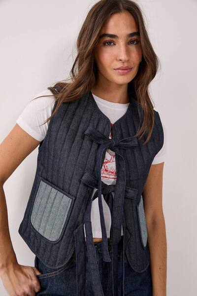  Nastygal Tie Front Denim Gilet, Indigo 