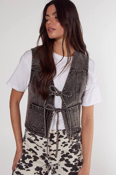  Nastygal Tie Front Denim Gilet, Washed Black 