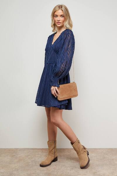  Oasis Animal Jacquard Trim Detail Balloon Sleeve Mini Dress, Navy 
