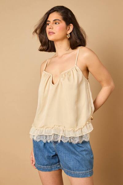  Oasis Babydoll Lace Detail Cami Top, Lemon 