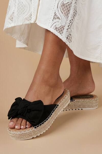  Oasis Beccy Faux Suede Bow Detail Slider Flat Sandals, Black 