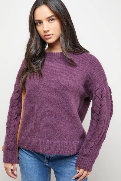  Oasis Cable Knit Sleeve Crew Neck Cosy Jumper, Aubergine 