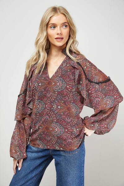  Oasis Cape Detail Trim Balloon Sleeve Boho Blouse 