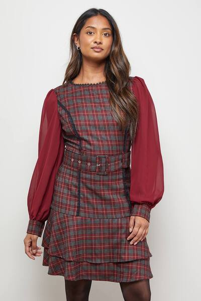  Oasis Checked Belted Balloon Sleeve Flippy Mini Dress, Burgundy 