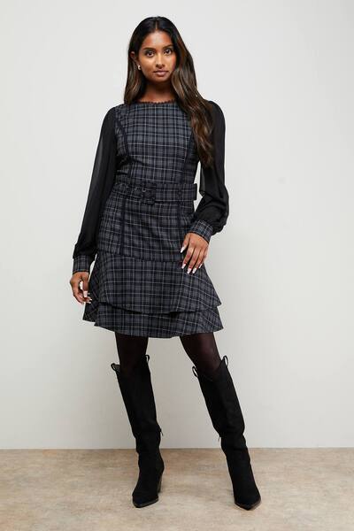  Oasis Checked Belted Balloon Sleeve Flippy Mini Dress, Mono 