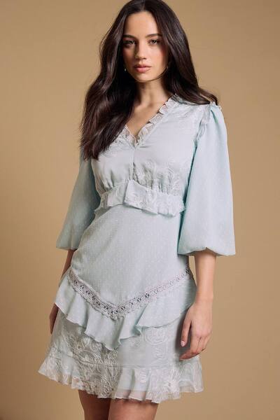  Oasis Chiffon Mix Mini Dress With Tie Back, Baby Blue 