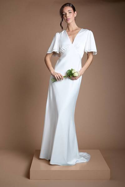  Oasis Deep V Fluted Sleeve Maxi Wedding Dress, Ivory 