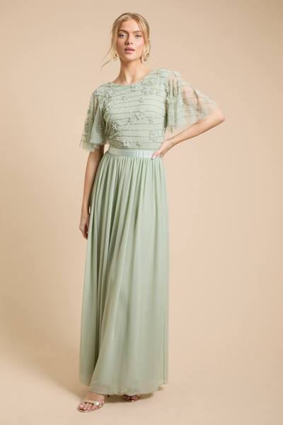  Oasis Floral Embellished Mesh Angel Sleeve Maxi Dress, Sage 