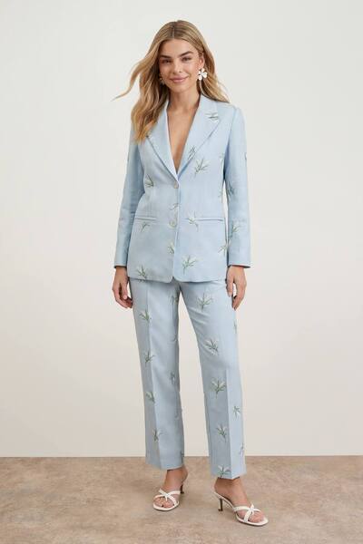  Oasis Floral Embroidered Tailored Suit Trouser, Pale Blue 
