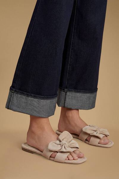  Oasis Freya Faux Suede Bow Detail Sliders, Beige 