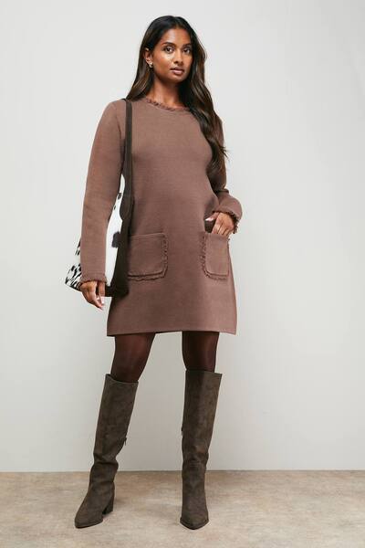  Oasis Fringe Detail Crew Neck Mini Dress, Mocha 