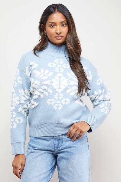  Oasis Geo Print High Neck Cosy Knitted Jumper, Powder Blue 