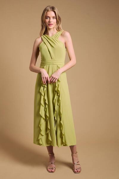  Oasis Halter Neck Ruffle Maxi Dress, Chartreuse 