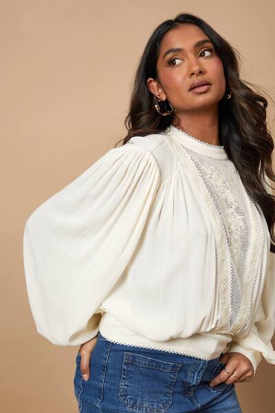  Oasis High Neck Lace Embroidered Long Sleeve Blouse, Cream 