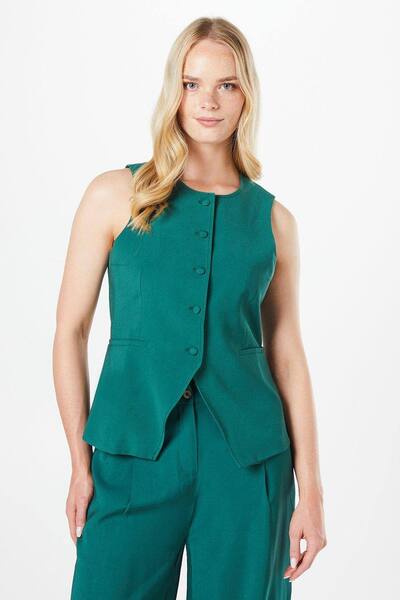  Oasis High Neck Tailored Linen Waistcoat, Teal 