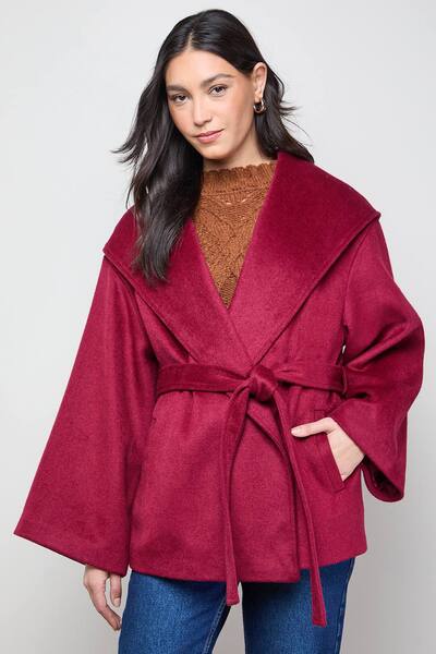  Oasis Hooded Cropped Belted Coat, Berry 