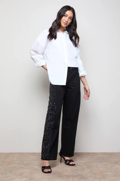 Oasis Hotfix Pocket Detail Wide Leg Jean, Washed Black 