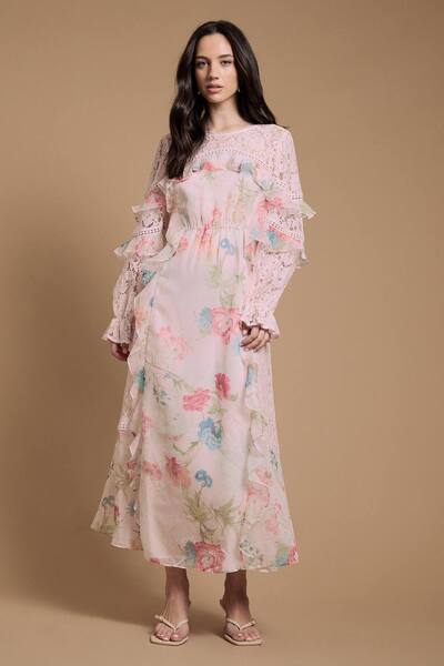  Oasis Lace Mix Frill Midaxi Dress, Pale Pink 