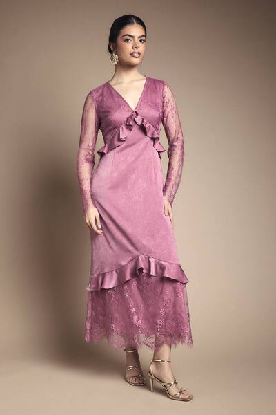  Oasis Lace Panel Detail Frill Hem Midi Dress, Mauve 