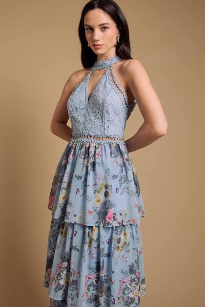  Oasis Lace Tiered Halter Neck Midi Dress, Sky Blue 