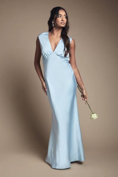  Oasis Light Blue Satin Open Back Detail Maxi Bridesmaid Dress 