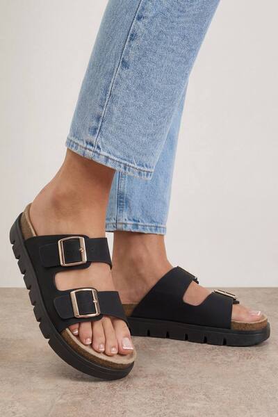  Oasis Mae Platform Faux Suede Buckle Footbed Sliders, Black 