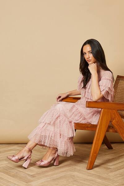  Oasis Midyim Satin Ruched Front High Block Heel Sandals, Dusty Pink 