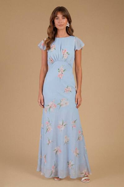  Oasis Orchid Floral Printed Waterfall Maxi Dress, Pale Blue 