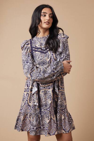  Oasis Paisley Printed Ruffle Lace Trim Mini Dress, Navy 