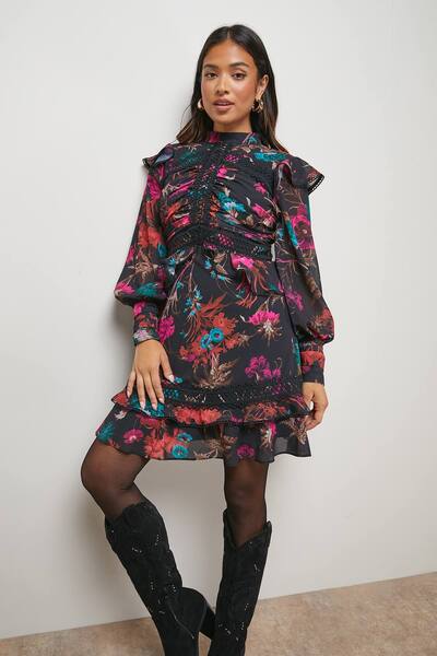  Oasis Petite Ruched Bodice Trim Detail Mini Dress, Floral 