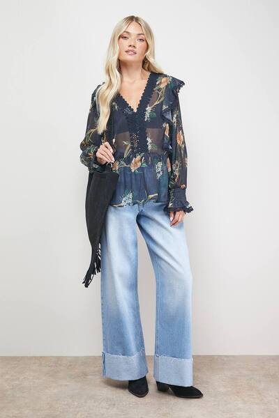  Oasis Printed Frill Detail Sheer Chiffon Blouse, Floral 