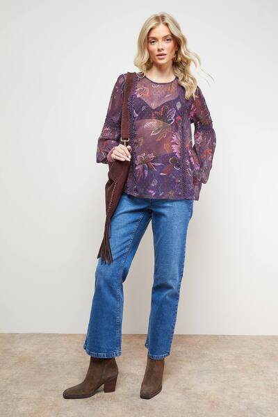  Oasis Printed Lace Detail Dobby Chiffon Blouse 